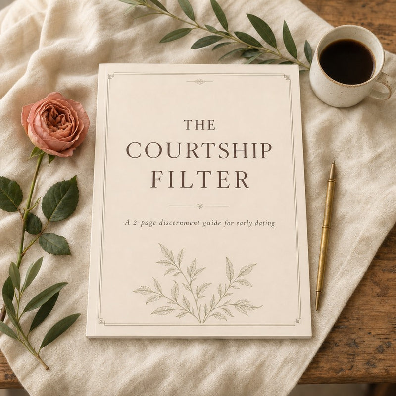 The Courtship Filter printable guide with a rose, olive branches, coffee, and a brass pen.